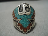 Superior Vintage Native American Navajo Eagle Colorful Sterling Silver Turquoise Ring Old-Nativo Arts