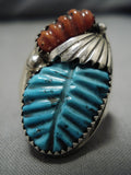 Superior Vintage Zuni Native American Navajo Turquoise Coral Sterling Silver Ring Old-Nativo Arts