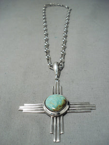 Zia Native American Navajo Royston Turquoise Sterling Silver Zia Sun Symbol Necklace-Nativo Arts