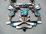 Native American Detailed! Vintage Zuni Turquoise Sterling Silver Squash Blossom Necklace-Nativo Arts