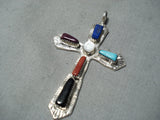Eye Catching Vintage Native American Zuni Turquoise Coral Sterling Silver Cross Pendant-Nativo Arts