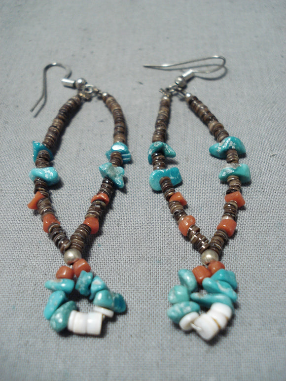 Spectacular Vintage Native American Navajo Turquoise Coral Shell Sterling Silver Earrings Old-Nativo Arts