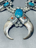 Important Huge Bear Navajo Turquoise Sterling Silver Squash Blossom Necklace-Nativo Arts