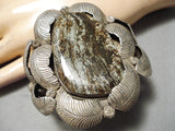 Statement Vintage Native American Navajo Green Turquoise Sterling Silver Leaf Bracelet Old-Nativo Arts