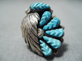 Exquisite Vintage Native American Zuni Carved Blue Gem Turquoise Sterling Silver Ring-Nativo Arts