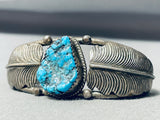 Extreme Detail Vintage Native American Navajo Turquoise Sterling Silver Leaf Bracelet-Nativo Arts