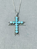 Native American Classic Vintage Zuni Blue Gem Turquoise Sterling Silver Cross Necklace-Nativo Arts