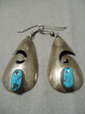 Huge Vintage Native American Navajo Blue Turquoise Sterling Silver Swirl Earrings Old-Nativo Arts