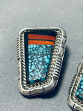 Very Important Vintage Native American Navajo Lander Blue Turquoise Sterling Silver Earrings-Nativo Arts