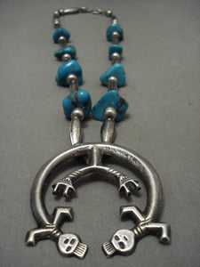 Absolutely Amazing Vintage Navajo 'Duel Yei' Bisbee Turquoise Native American Jewelry Silver Necklace-Nativo Arts