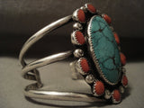 Absolutely Huge Vintage Navajo Green Spider Turquoise Native American Jewelry Silver Coral Bracelet-Nativo Arts