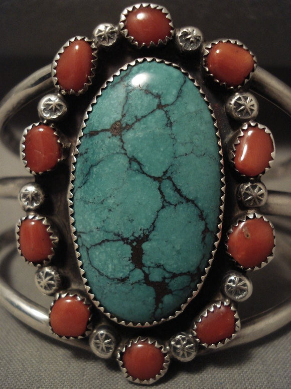 Absolutely Huge Vintage Navajo Green Spider Turquoise Native American Jewelry Silver Coral Bracelet-Nativo Arts