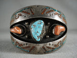 Absolutely Incredible Vintage Navajo Turquoise Coral Wave Native American Jewelry Silver Bracelet-Nativo Arts