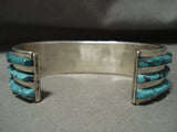 Absolutely Stunning Vintage Navajo 'Turquoise Inolay Row' Heavy Native American Jewelry Silver Bracelet-Nativo Arts