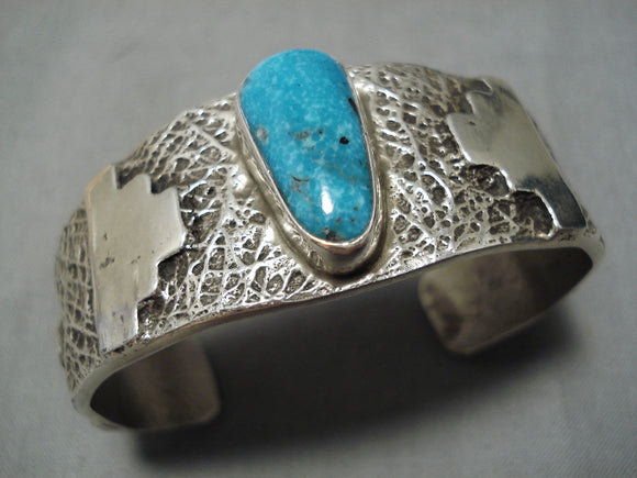 Incredible Vintage Native American Navajo Thick Textured Turquoise Sterling Silver Bracelet Cuff-Nativo Arts