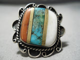 Colossal Vintage Native American Navajo Turquoise Coral Sterling Silver Ring Old-Nativo Arts