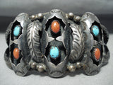 Detailed Vintage Native American Navajo Turquoise Coral Sterling Silver Bracelet-Nativo Arts