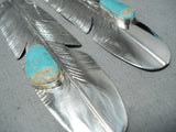 Longest 4' Long Native American Navajo Royston Turquoise Sterling Silver Feather Earrings-Nativo Arts