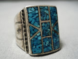 Exquisite Vintage Native American Navajo Turquoise Chip Inlay Sterling Silver Ring Old-Nativo Arts