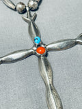 Hand Tooled Larger Vintage Native American Navajo Turquoise Sterling Silver Cross Necklace-Nativo Arts