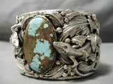 Huge Heavy Native American Navajo #8 Turquoise Sterling Silver Lizard Bracelet Cuff-Nativo Arts