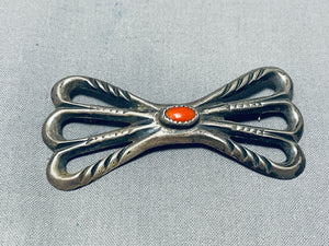 Authentic Vintage Native American Navajo Coral Sterling Silver Bow Pin-Nativo Arts