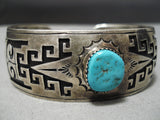 Detailed Vintage Native American Navajo Hand Wrought Geometrc Sterling Silver Turquoise Bracelet-Nativo Arts