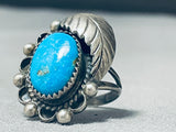 Vibrant Blue Turquoise Vintage Native American Navajo Sterling Silver Leaf Ring Old-Nativo Arts