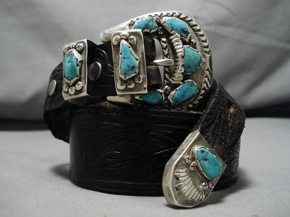 Striking Vintage Native American Navajo Blue Gem Turquoise Sterling Silver Ranger Buckle Set-Nativo Arts