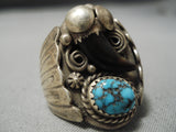 Huge Vintage Native American Zuni Men's Blue Warrior Turquoise Sterling Silver Ring Old-Nativo Arts