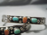 Rare Pair Of Quality Vintage Native American Navajo Turquoise Coral Sterling Silver Bracelet-Nativo Arts