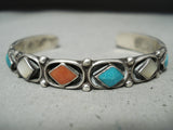Striking Vintage Native American Zuni Turquoise Mother Of Pearl Coral Sterling Silver Bracelet-Nativo Arts