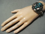 Detailed Rare Turquoise Vintage Native American Navajo Sterling Silver Bracelet Old-Nativo Arts