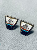 Very Unique Inlay Vintage Native American Zuni Turquoise Sterling Silver Earrings Old-Nativo Arts