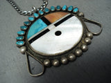 Beautiful Vintage Native American Zuni Turquoise Coral Sterling Silver Sunface Necklace-Nativo Arts