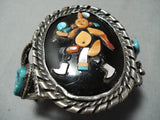 Native American Huge Dancing Mudhead Vintage Zuni Turquoise Sterling Silver Bracelet-Nativo Arts