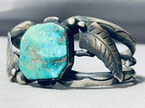 Thicker Vintage Native American Navajo Turquoise Sterling Silver Leaves Bracelet-Nativo Arts