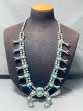 Gasp! Vintage Native American Navajo 220 Gram Sterling Silver Turquoise Squash Blossom Necklace-Nativo Arts