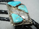 Rare Vintage Native American Navajo Old Kingman Turquoise Sterling Silver Bolo Tie-Nativo Arts