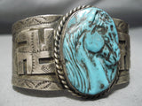 Native American One Of The Most Detailed Vintage Sterling Silver Carved Turquoise Horse Bracelet-Nativo Arts