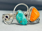 Superior Native American Navajo Royston Turquoise & Spiny Oyster Sterling Silver Bracelet Signed-Nativo Arts
