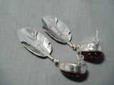 Rare Detailed Intricate Native American Navajo Feather Sterling Silver Amber Earrings-Nativo Arts