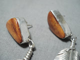 Outstanding Native American Navajo Spiny Oyster Shell Sterling Silver Feather Earrings-Nativo Arts