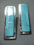 Stunning Vintage Native American Navajo Blue Gem Turquoise Inlay Sterling Silver Earrings-Nativo Arts