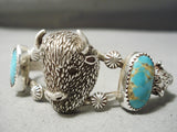 So Intricate!! Vintage Native American Navajo Sterling Silver Buffalo Turquoise Bracelet-Nativo Arts