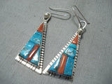 Astonishing Native American Navajo Creek Turquoise Coral Sterling Silver Earrings-Nativo Arts