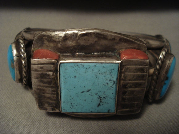 Advanced Coral Native American Jewelry Silver Works Vintage Navajo 'Squared Turquoise' Native American Jewelry Silver Bracelet-Nativo Arts
