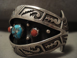 Advanced Geomtrix Vintage Navajo Persin Turquoise Coral Native American Jewelry Silver Bracelet-Nativo Arts