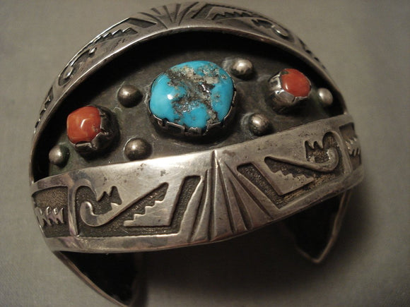Advanced Geomtrix Vintage Navajo Persin Turquoise Coral Native American Jewelry Silver Bracelet-Nativo Arts