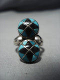 Advanced Inlay Vintage Zuni Turquoise Sterling Silver Native American Jewelry Ring Old-Nativo Arts
